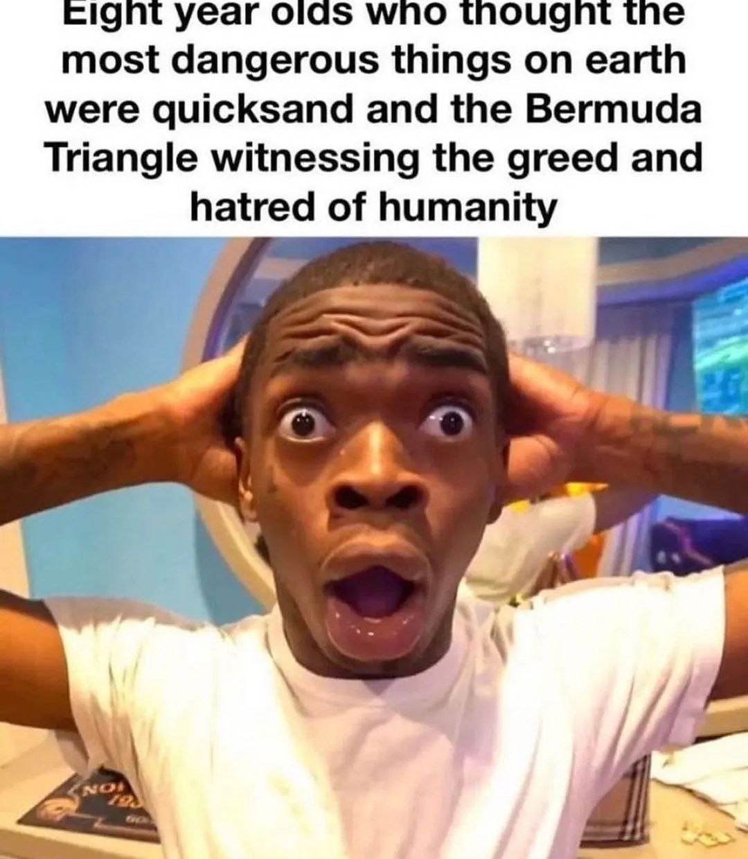 a man with his hands on his head and the capt reads, eight years without the wrongs 